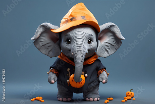 A small elephant wearing a black hat and a black dress sits on a table © Misno