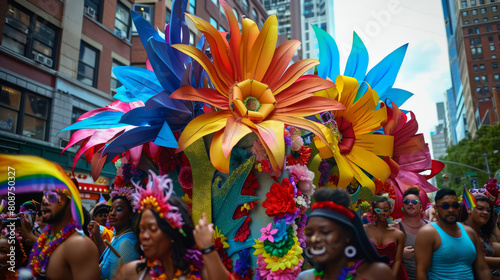 A dynamic shot of a float in a Pride parade  adorned with large  bright floral decorations  people around it dressed in eye-catching costumes  capturing the movement and the festive spirit  the citysc