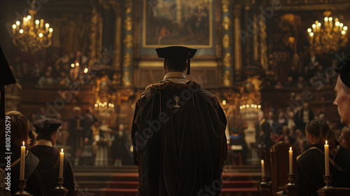 Amidst the opulent splendor of a ceremonial hall, a graduate stands tall as they receive their diploma from the chancellor, the ornate frame glinting in the candlelight as it signi