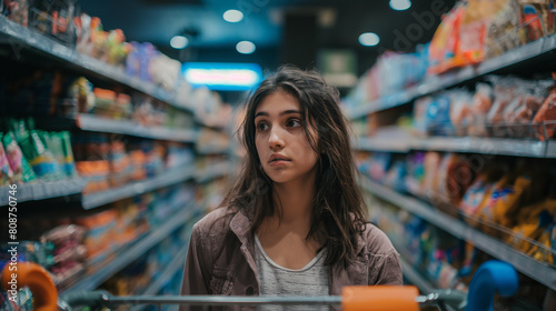 In the fluorescent-lit aisle of the supermarket, a worried young woman navigates her shopping cart with furrowed brows, her eyes scanning the shelves with uncertainty as she grappl