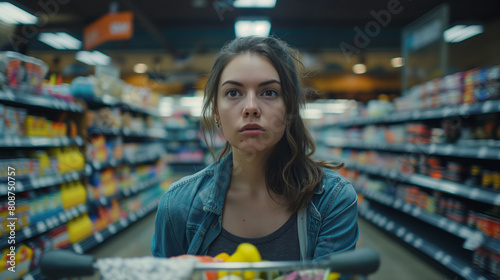 Within the crowded confines of the supermarket, a troubled young woman pushes her shopping cart with a sense of urgency, her brows knit together in worry as she searches for the it