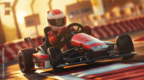 Amidst the roar of engines and the thunder of applause, a racer in a high-performance go-kart car takes a daring turn on a closed track, their movements calculated and precise as t photo