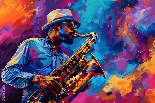 A man playing a saxophone in a colorful background