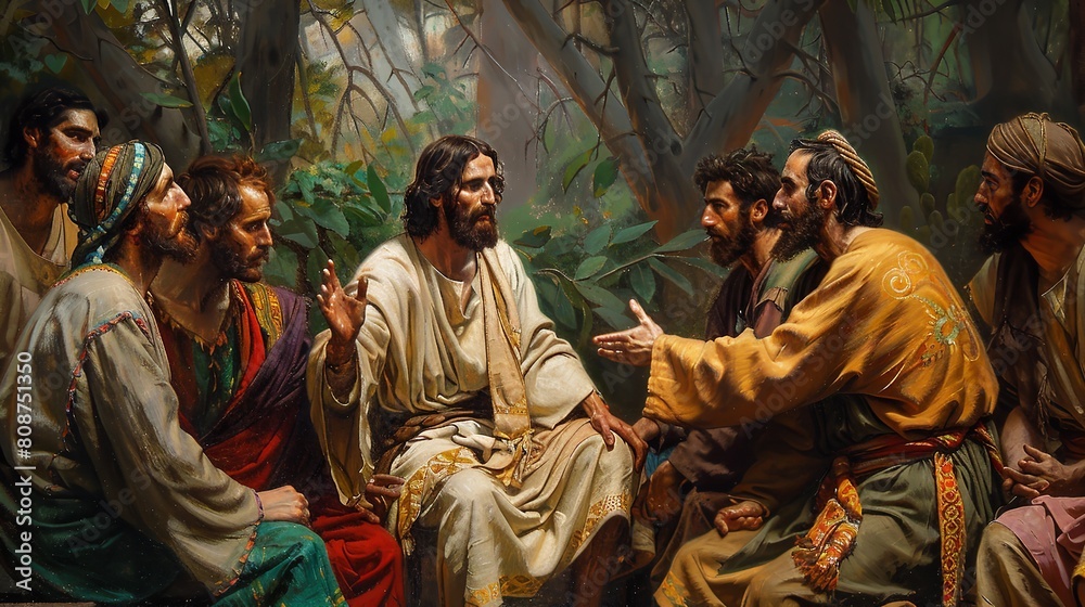 Jesus conversing with his followers in copy space. Generative Ai