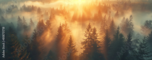 Sunrise over a pine forest with light fog, creating an ethereal atmosphere in a dense forest.