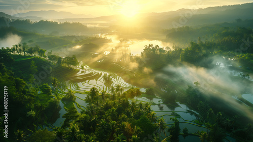 Morning mist gives way to dramatic sunbeams  showcasing a lush tropical valley with vibrant green rice fields and dense forest.