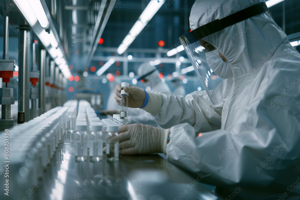 Scientist in hazmat suit conducting research in high-tech lab.