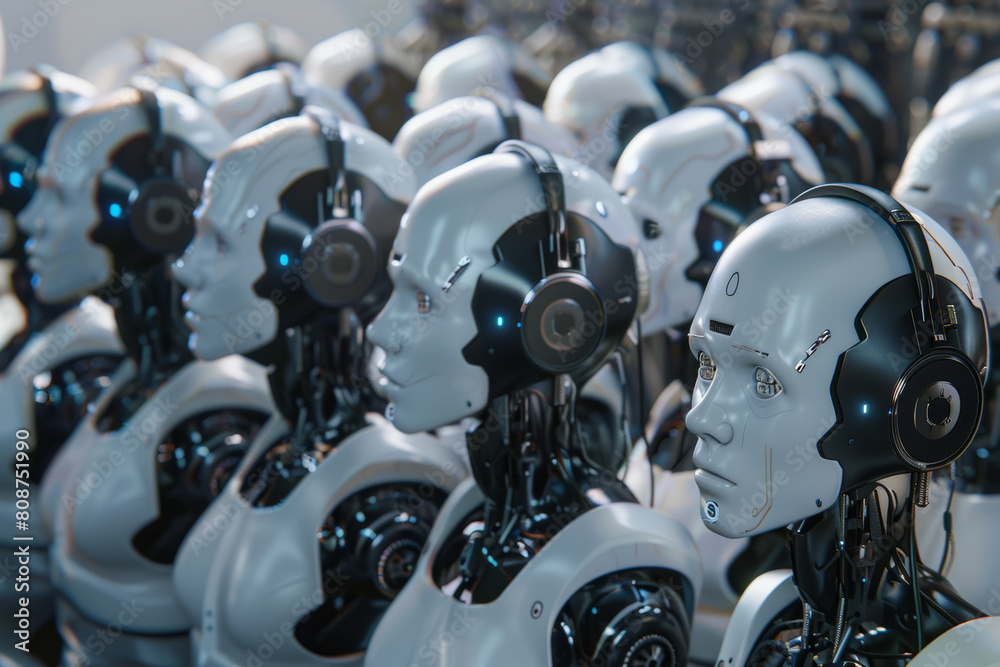 Rows of humanoid robots showcasing artificial intelligence. Rows of humanoid robots showcasing artificial intelligence.