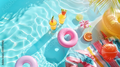 An aqua swimming pool with colorful floats and drinks  surrounded by greenery and azure skies. A relaxing leisure event with vibrant textile patterns and petal art AIG50