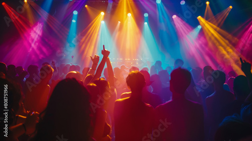 A joyful LGBTQ+ dance party featuring a diverse group of people celebrating with music and dance, a night club setting with vibrant lights and DJ booth, an energetic and fun atmosphere that embraces d