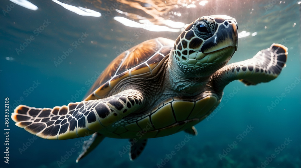 Fototapeta premium A Sea Turtle’s Journey ,The serene beauty of a sea turtle swimming near the ocean’s surface.