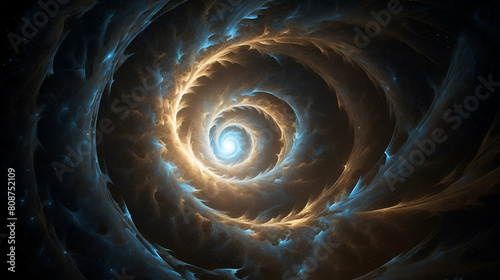 A stunning and intricate depiction of a spiraling cosmic phenomenon, resembling a wormhole or a swirling vortex of energy and matter. The image displays mesmerizing hues of blue and orange. photo