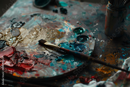 Painter s palette alive with an array of vivid colors and a solitary brush beckons creativity.