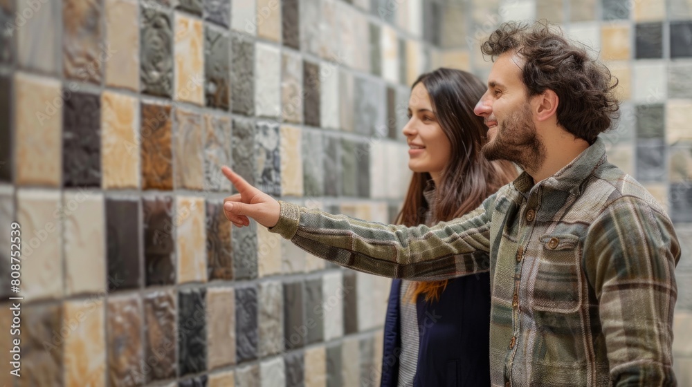 Couple choosing tiles in ceramic and furniture shop for their house Couple choosing tiles in ceramic and furniture shop for their house