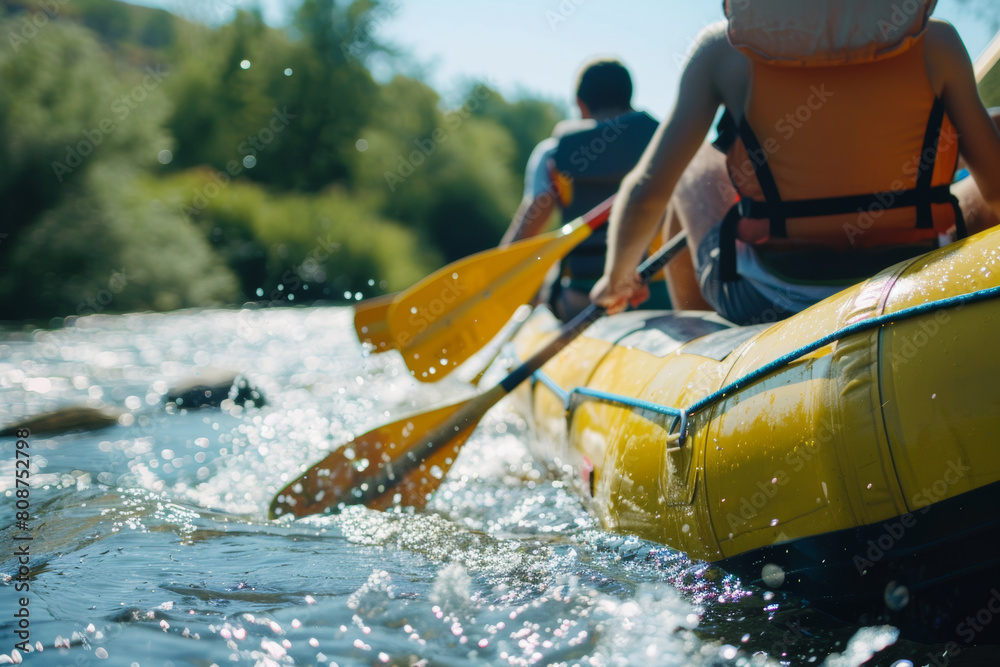 Naklejka premium Paddlers navigate sparkling waters in a yellow raft, adventure in every stroke.