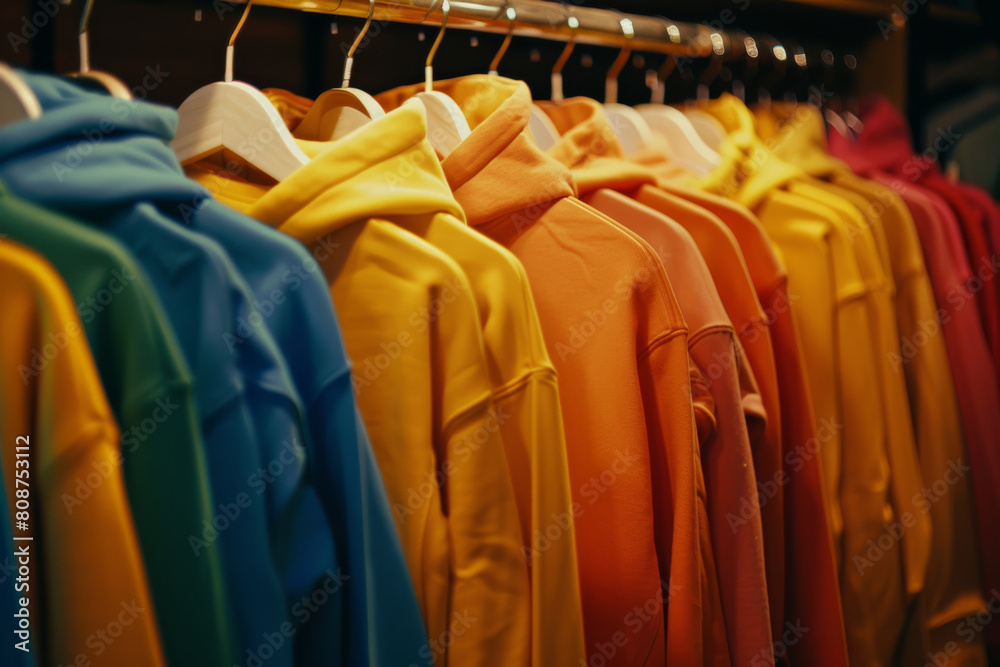 An array of colorful hoodies neatly lined up on a store rack, inviting shoppers. An array of colorful hoodies neatly lined up on a store rack, inviting shoppers.