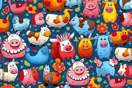 Farmyard fun seamless pattern with cartoon pigs, cows, and chickens, in bright primary colors, ideal for children s tableware or classroom decorations