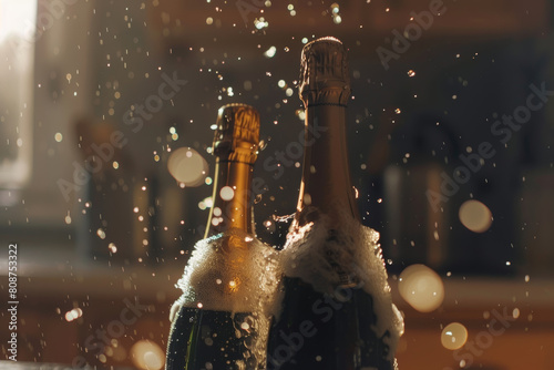 Golden hour illumination on popping champagne bottles with spray.