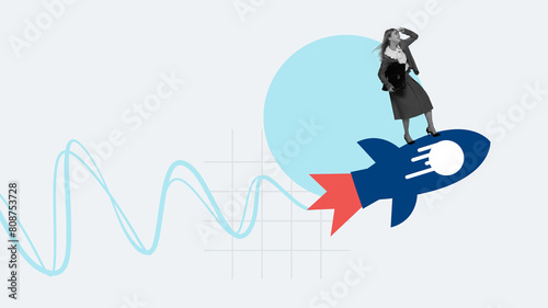Poster. Contemporary art collage. Confident business lady flying on rocket holding folders with documents and looks at distance, future. Concept of business, steps for successful growth, best practice