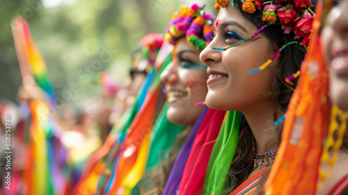 A serene Pride celebration in New Delhi, participants wearing traditional saris with rainbow colors, historic landmarks in the background, a blend of cultural pride and modern advocacy, Photography, c photo