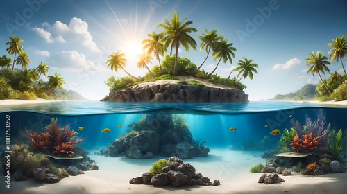 Tropical Island with Marine Life. Wallpaper background