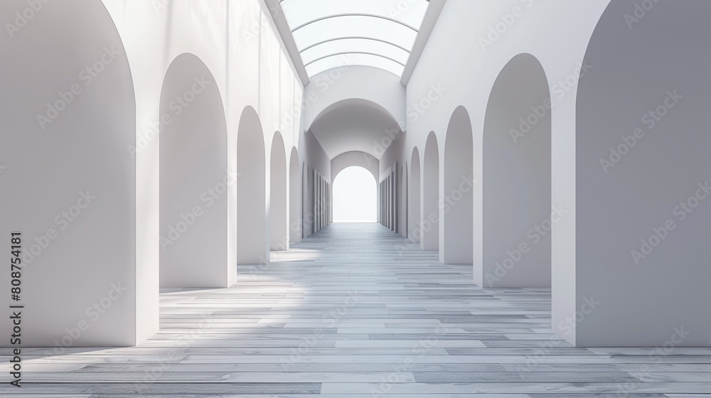 Calm 3D gallery with grey wooden flooring and arch, gently lit by skylight, creating a serene setting.