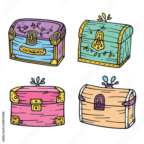 Colorful treasure chests cartoon doodle, hand drawn storage containers, vibrant hues. Four different treasure chests, playful design, lock clasp details, pasteltoned, kids pirate game photo