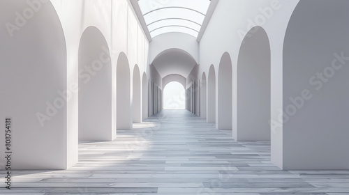 Calm 3D gallery with grey wooden flooring and arch  gently lit by skylight  creating a serene setting.