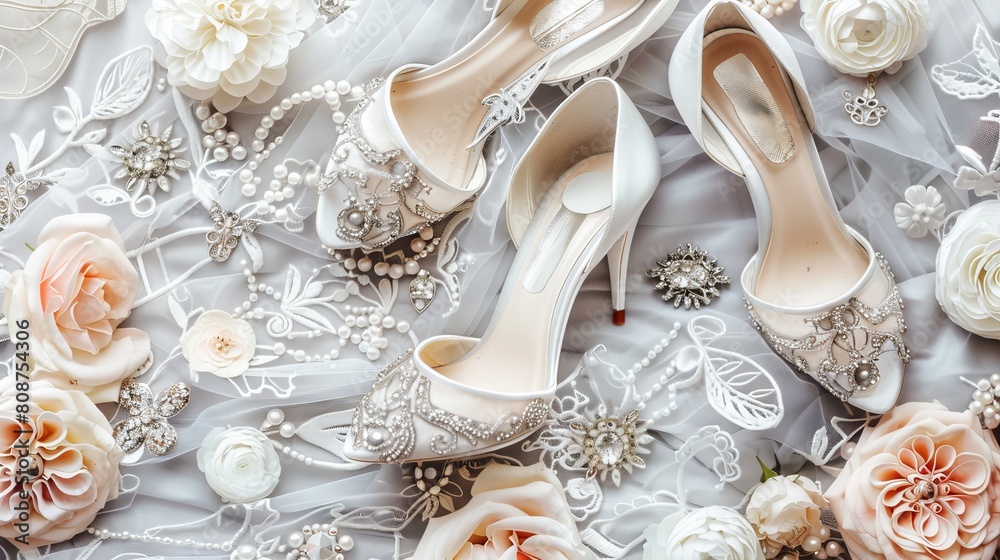Creating a beautiful and gentle arrangement of lace silver high heels and bridal accessories for a wedding involves careful attention to detail and aesthetic composition
Creating a beautiful and gentle arrangement of lace silver high heels and bridal accessories for a wedding involves careful attention to detail and aesthetic composition