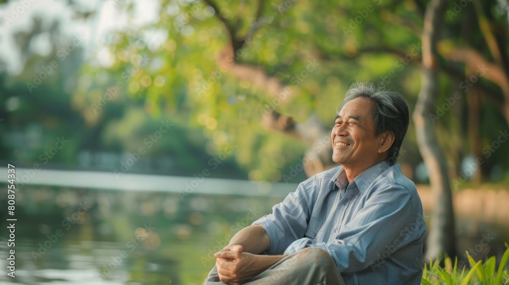 Portrait of Asian senior adult man with lake on background Portrait of Asian senior adult man with lake on background