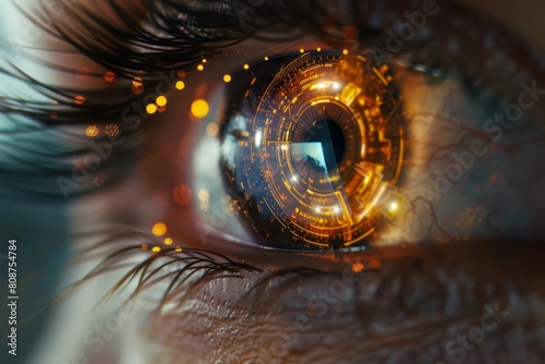 closeup of brown eye with cataract protection scan futuristic contact lens concept illustration © Lucija