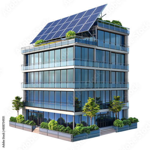 3D building with solar cells on the roof on a white background.