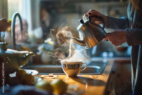 closeup of womans hands pouring steaming water from kettle into mug in kitchen photo