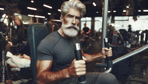 Senior man in great physical shape doing exercises in the gym photo