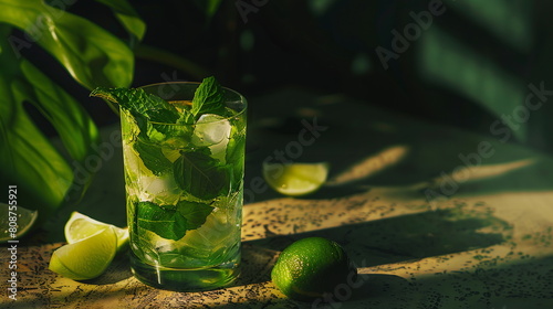 Classic mojito cocktail with muddled mint leaves, lime wedges, rum, and soda water. photo