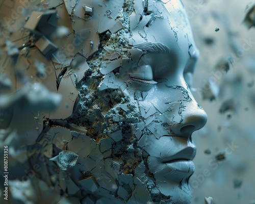 3D render showcasing the process of creating a deep fake, with layers peeling back to reveal the technology behind facial reconstruction
