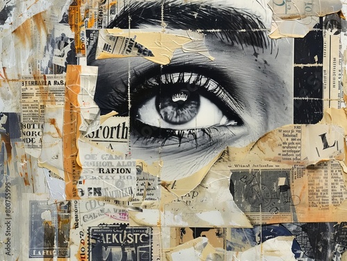 Artistic collage on vintage paper featuring retro newspaper clippings, old stamps