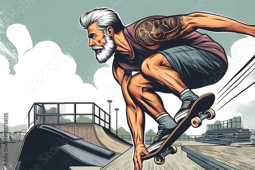 If old age is like this: an elderly but very athletic man performs tricks on a skateboard photo