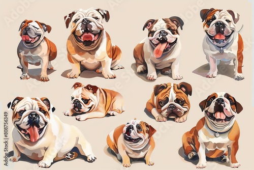 collection of happy english bulldogs in various poses adorable pet bundle digital painting