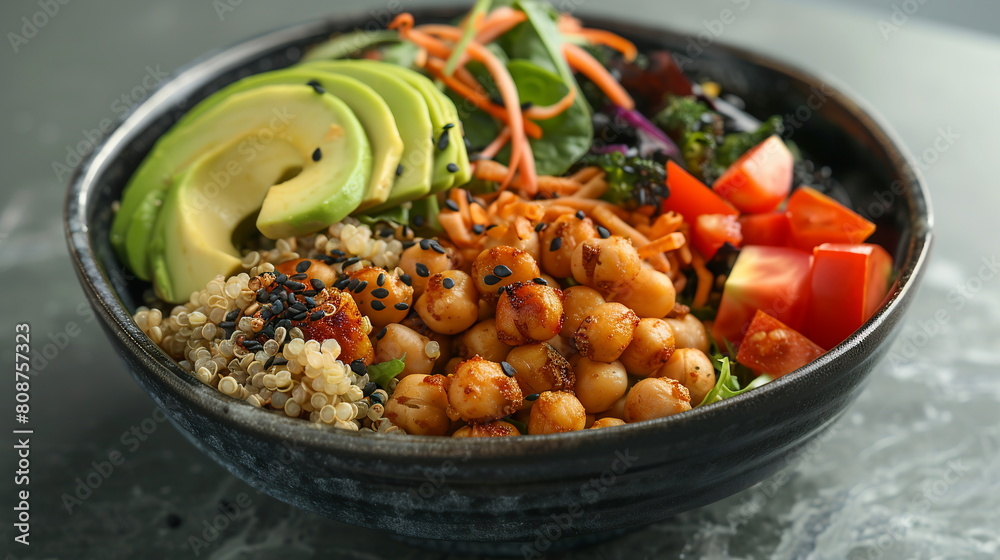 Colorful Buddha bowl filled with quinoa, roasted vegetables, avocado, and chickpeas. Energy breakfast full of vitamins, antioxidants and fiber. Healthy diet weight loss Colorful Buddha bowl filled with quinoa, roasted vegetables, avocado, and chickpeas. Energy breakfast full of vitamins, antioxidants and fiber. Healthy diet weight loss