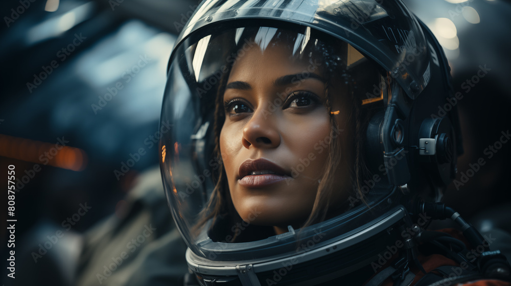 Female astronaut in helmet with thoughtful expression closeup image. Spacewoman close up photography marketing. Woman in space concept photo. Pensive explorer picture photorealistic Female astronaut in helmet with thoughtful expression closeup image. Spacewoman close up photography marketing. Woman in space concept photo. Pensive explorer picture photorealistic