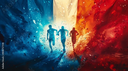 Olympic games 2024 in Paris France. Athletes running in a sports event, French flag background 