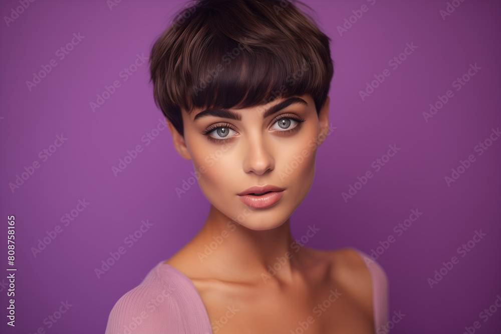 Closeup studio portrait of a beautiful young model with an extremely close-cropped haircut. She is standing against a bright pink wall. Closeup studio portrait of a beautiful young model with an extremely close-cropped haircut. She is standing against a bright pink wall.