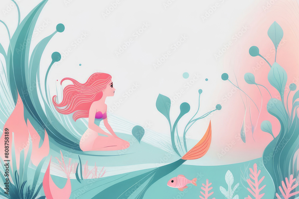 Сute mermaid under in the marine life, in watercolor style.