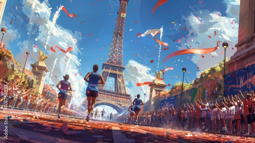 Olympic games 2024 in Paris France. Athletes running, sports event, Eiffel tower background