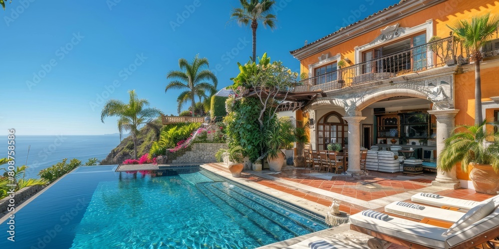Fototapeta premium Oceanfront Oasis: Vintage Villa Providing Unforgettable Seaside Views and Relaxing Poolside Lounge