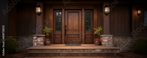 Classic entrance door in a house, vintage wooden front door, generated ai