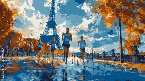 games 2024 in Paris France. Athletes running  sports event  Eiffel tower background