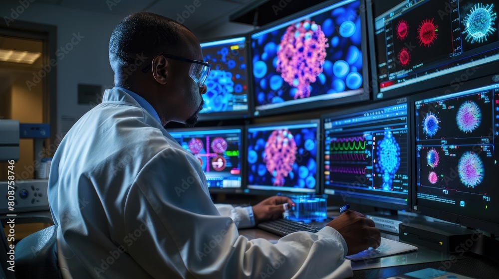 A medical researcher analyzes cellular and viral structures on multiple high-definition screens in a modern laboratory