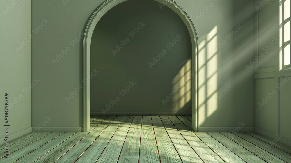 Stylish office with olive floor, soft sunbeams, and an archway in a 3D render. Stylish office with olive floor, soft sunbeams, and an archway in a 3D render.